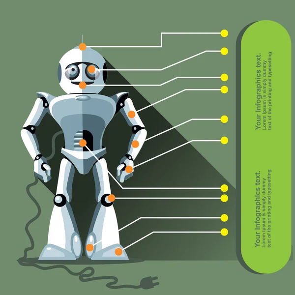 Silver humanoid robot displayed as an infographic with chip elements and a power outlet. Digital background vector illustration. — Stock Vector