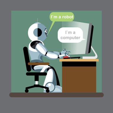 Gümüş insansı robot bir sandalyede oturan ve bir bilgisayar üzerinde çalışıyor. Dijital arka plan vektör illüstrasyonu.