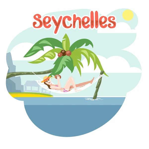 Seychellerna Flyer med en flicka som ligger på en strandstol med hatt — Stock vektor