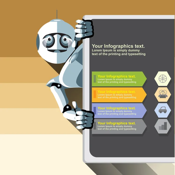 큰 디스플레이에 정보 그래픽을 제시 실버 휴머노이드 로봇. 디지털 배경 벡터 일러스트레이션. — 스톡 벡터