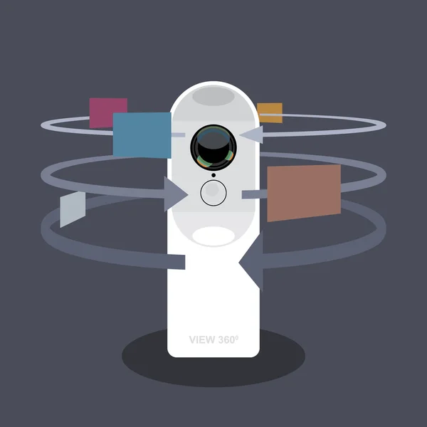 Een witte 360 graden camera video recorder met apps en functies iconen, digitale vector beeld — Stockvector