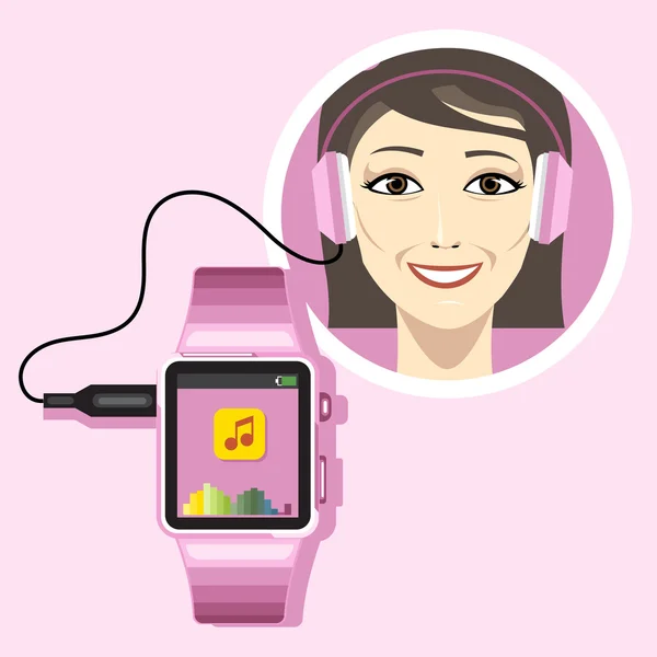 Uma mulher sorridente com um fone de ouvido de áudio conectado a um relógio inteligente rosa com ícones de música e informações da bateria no painel de exibição em um fundo rosa, imagem vetorial digital — Vetor de Stock