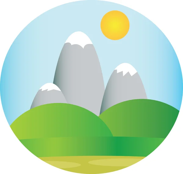 Montagnes argentées avec neige aux champs verts et soleil dans le ciel dans un cadre rond. Illustration vectorielle de fond numérique . — Image vectorielle