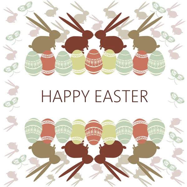 Glad påsk Card. påsk ägg och kaninerna. Plain färgade påskägg. Digital bakgrund vektor illustration. — Stock vektor