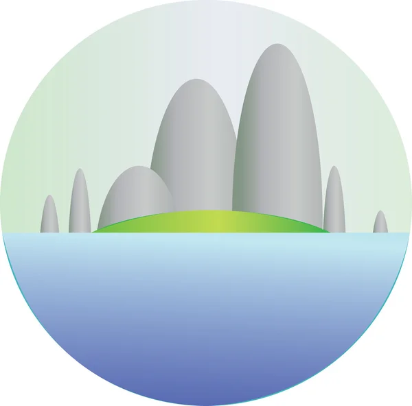 Silver hills with green fields and sea section in a round frame. Digital background vector illustration. — Stok Vektör