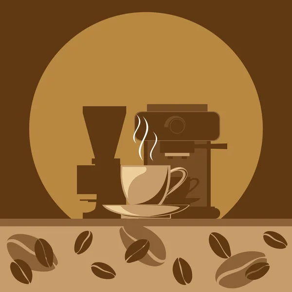 A hot cup of coffee signs and coffee making machine with beans on brown background, digital vector image — ストックベクタ