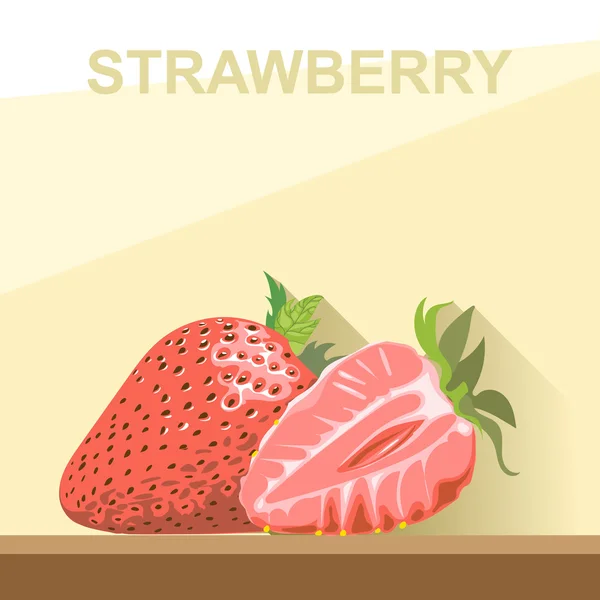 A whole big ripe strawberry with green leaves and a half strawberry on a table, digital vector image. — Stockvector