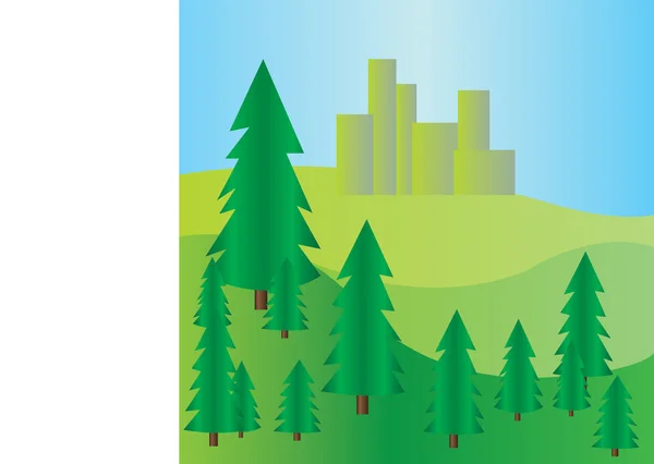 Pinos en las montañas paisaje con cielos azules. Ilustración del vector de fondo digital . — Vector de stock