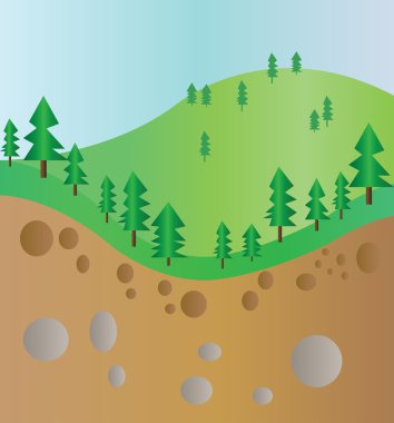 Green trees mountain section landscape with brown ground and stones. Digital background vector illustration.