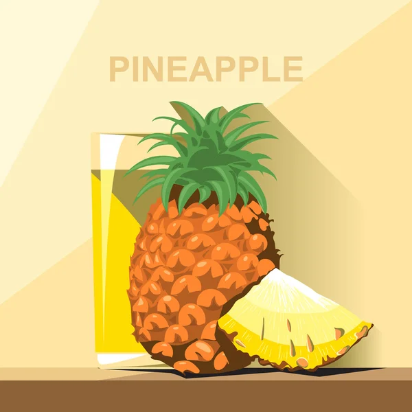 A glass of yellow pineapple juice, a whole big ripe pineapple with green leaves and a slice of pineapple on a table, digital vector image. — Stok Vektör