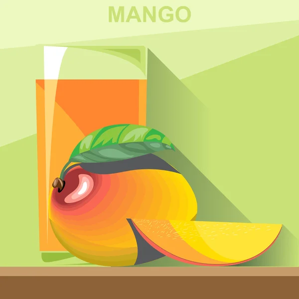Ένα ποτήρι κίτρινο χυμό μάνγκο, ένα ολόκληρο μεγάλο ώριμο μάνγκο με πράσινα φύλλα και μισό μάνγκο σε ένα τραπέζι, ψηφιακή διανυσματική εικόνα. — Διανυσματικό Αρχείο
