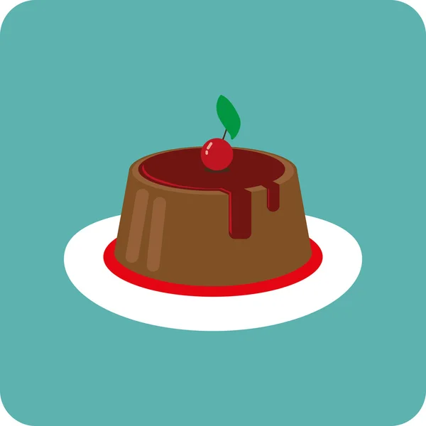 Tarjeta de caramelo con un gran pastel de crema de chocolate, una cereza roja con hoja verde en la parte superior, sobre un fondo verde. Imagen vectorial digital . — Vector de stock