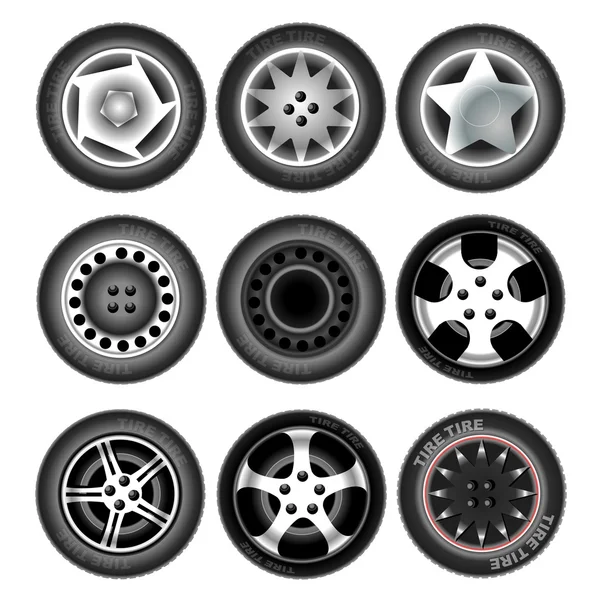 Collection of nine wheels with tires. Different forms and object variation. Car wheels. Isolated tires on white background. Digital vector illustration. — Stock Vector