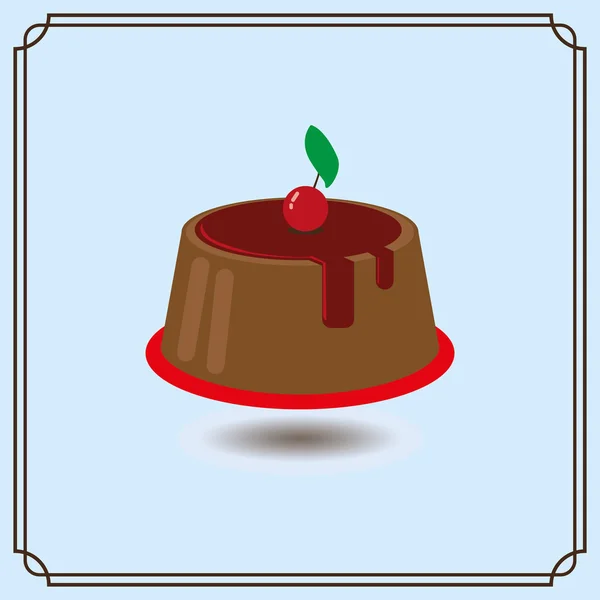 Carte bonbons avec un gros gâteau à la crème au chocolat, une cerise rouge avec une feuille verte sur le dessus, sur un fond bleu avec des cadres. Image vectorielle numérique . — Image vectorielle