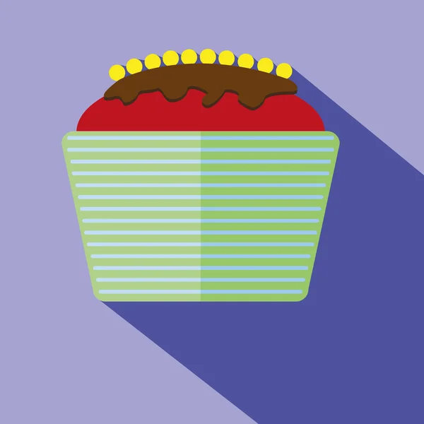 Tarjeta de caramelo con un gran pastel de crema de chocolate con bayas amarillas, sobre un fondo púrpura con sombra. Imagen vectorial digital . — Vector de stock