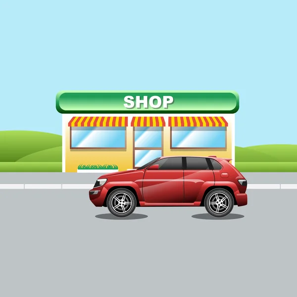 Czerwona zwrotnica na drodze w pobliżu sklepu. Pojazd zaparkowany w pobliżu Mini-marketu. Podmiejski widok krajobrazu. Cyfrowa ilustracja wektorowa. — Wektor stockowy