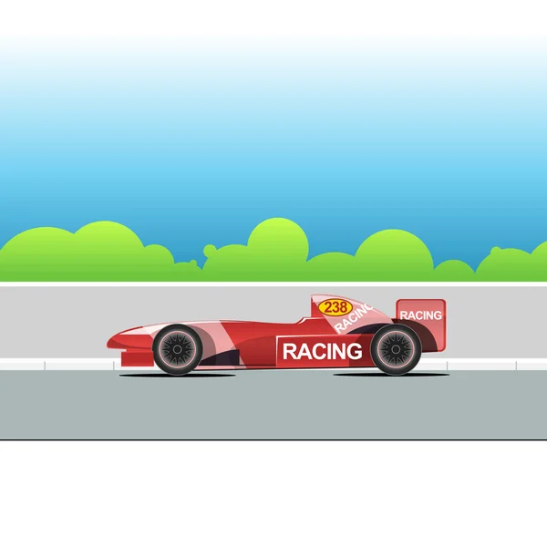 Racing bolide car on a racing track. Red single-seat auto racing. Racing track with green trees. Digital vector illustration. — Stockový vektor