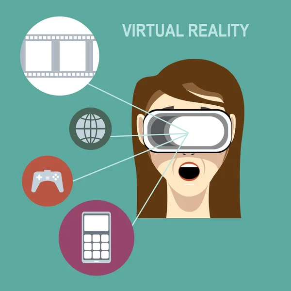 Cabeza de realidad virtual colocada en una cabeza femenina con cabello castaño con aplicaciones e iconos de funciones sobre un fondo verde, imagen vectorial digital — Archivo Imágenes Vectoriales