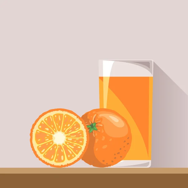 A full glass of orange juice with a whole orange and a half orange in section on a brown surface, digital vector image — Stock Vector