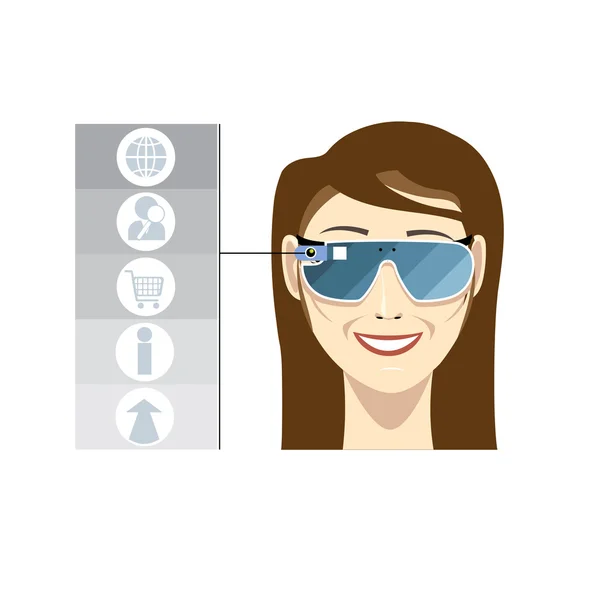 白い背景、デジタルベクトル画像にアプリや機能アイコンと茶色の髪を持つ笑顔の女性の頭の上の仮想現実のメガネ — ストックベクタ