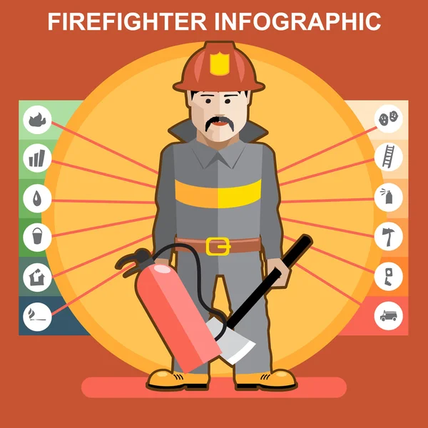 Пожежний боєць у пожежному костюмі чоловік представляє інфографіку — стоковий вектор