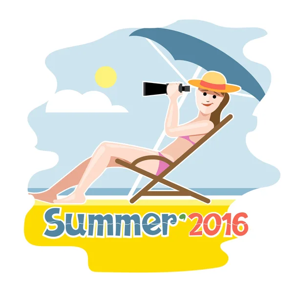 Summer 2016 flyer with a girl lying on a beach chair with hat — Stock Vector