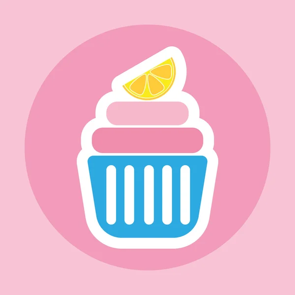 Card with a cream cake with a slice of lemon on top in a dark pink circle over a pink background, in outline style. Digital vector image. — 스톡 벡터