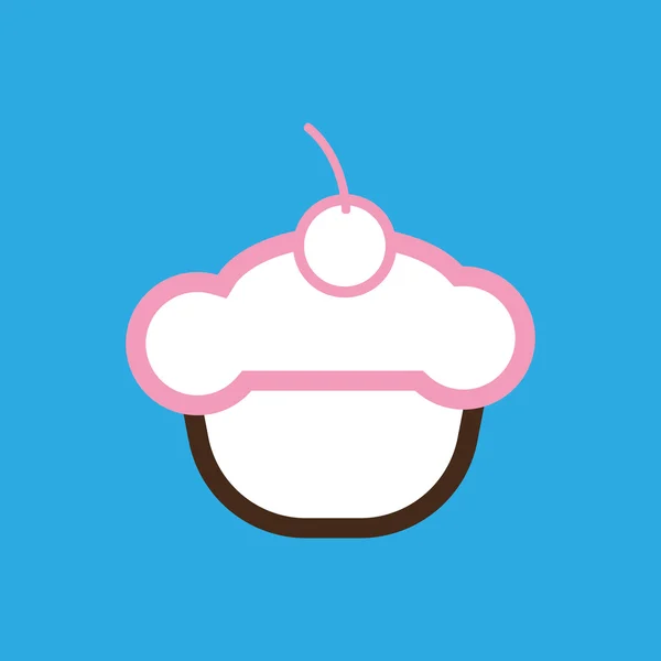 Card with a cream cake with a cherry on top over a blue background, in outline style. Digital vector image. — 스톡 벡터