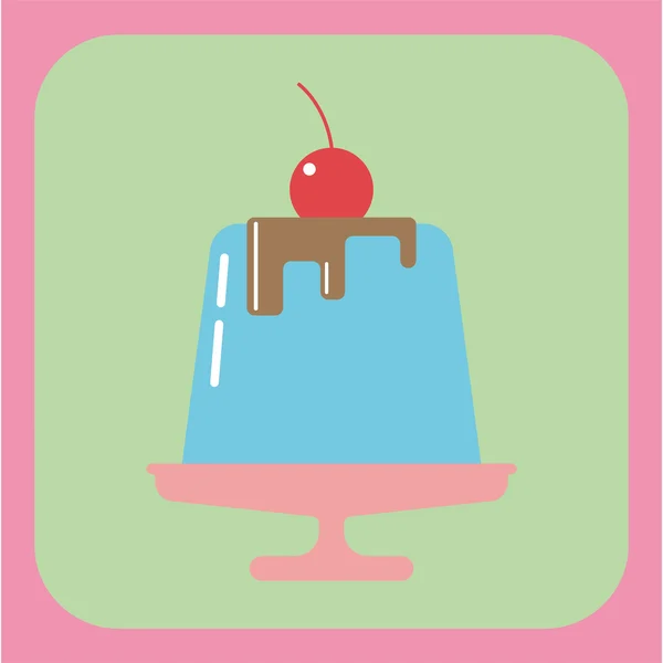 Carta caramella con una grande torta di gelatina blu su un piatto rosa, una ciliegia rossa con foglia verde sulla parte superiore, su uno sfondo rosa. Immagine vettoriale digitale . — Vettoriale Stock