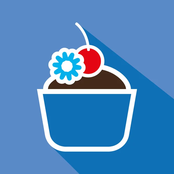 Card with a cream cake with a cherry on top with shadow over a blue background, in outline style. Digital vector image. — Stok Vektör