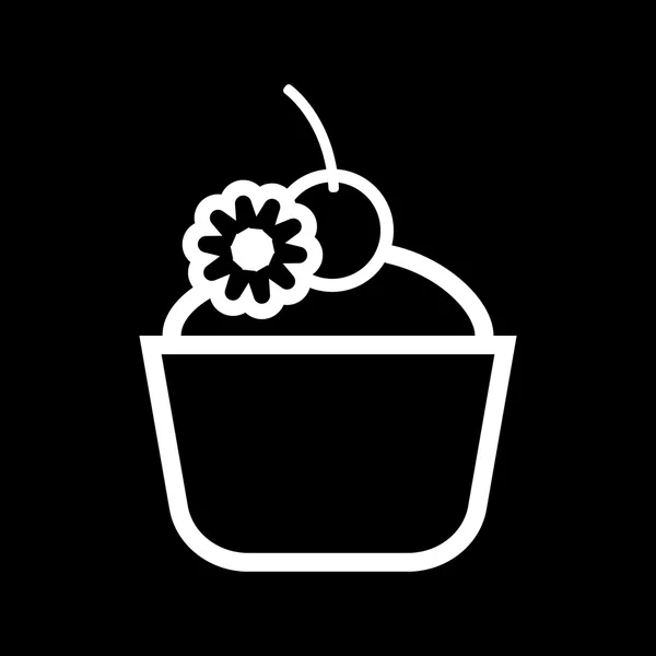 Tarjeta con un pastel de crema con una cereza en la parte superior sobre un fondo negro, en estilo de contorno. Imagen vectorial digital . — Vector de stock