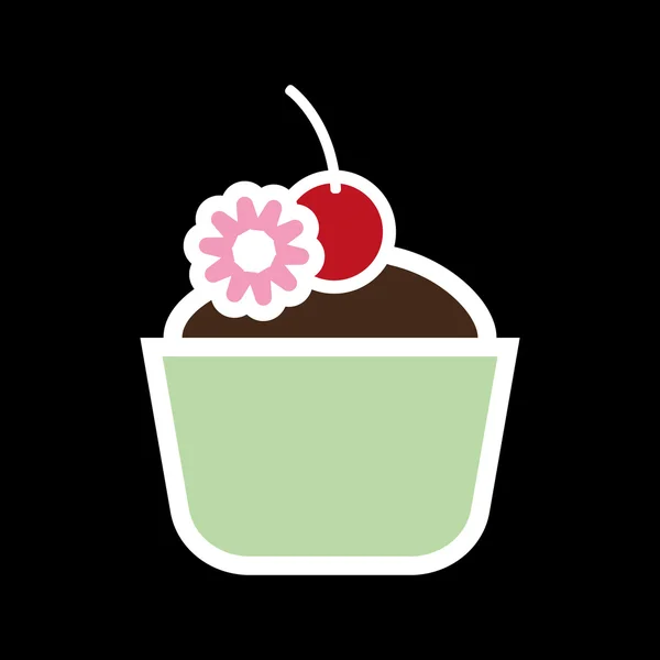 Tarjeta con un pastel de crema con una cereza roja en la parte superior sobre un fondo negro, en estilo de contorno. Imagen vectorial digital . — Vector de stock