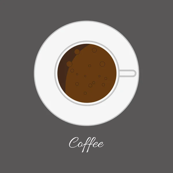 Vista superior de una taza blanca de café marrón caliente con espuma y burbujas en los contornos, sobre un fondo plateado, imagen vectorial digital — Vector de stock