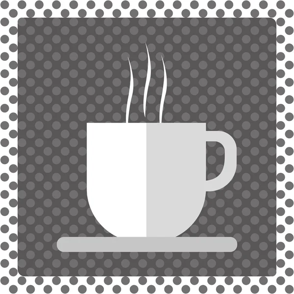 A white cup of hot coffee with foam and steam in outlines, over a silver background with dots and a frame, digital vector image — ストックベクタ