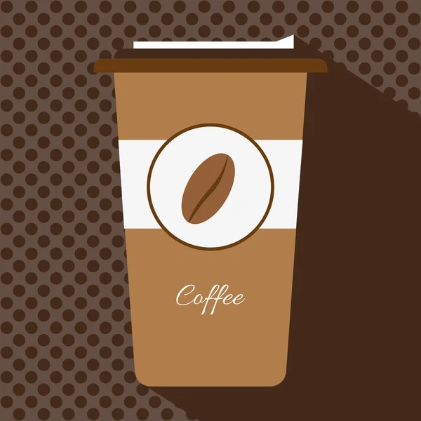 Una taza marrón de café caliente con una tapa y el logotipo de un grano de café, en contornos, sobre un fondo marrón con puntos, imagen vectorial digital — Vector de stock