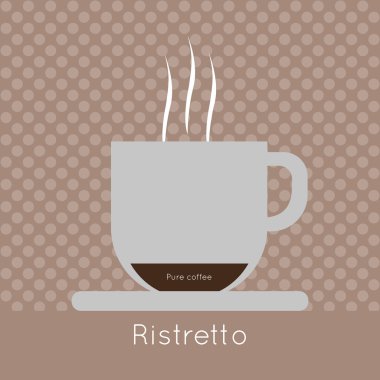 Buhar, saf kahve ve ristretto yazıtları ile bir fincan kahve, anahatlarıyla, noktalar, dijital vektör görüntü ile kahverengi bir arka plan üzerinde