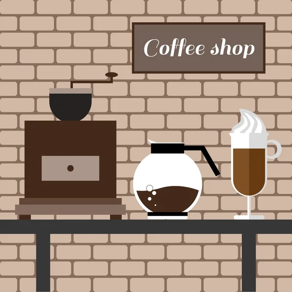 Un molino de café, un vaso y un frasco sobre una mesa, con inscripción de cafetería, en contornos, sobre un fondo marrón con ladrillos, imagen vectorial digital — Vector de stock