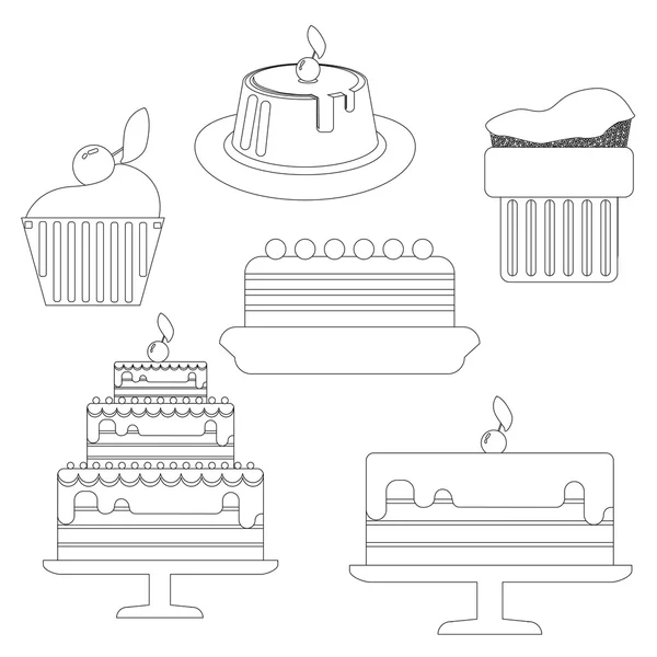 Tarjeta con seis grandes pasteles en capas de crema sobre un fondo blanco, en estilo de contorno negro. Imagen vectorial digital . — Vector de stock