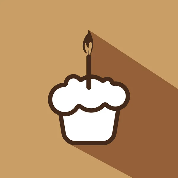 Cartão com um bolo de creme com uma vela acesa sobre um fundo marrom com sombra, em estilo esboço. Imagem vetorial digital . — Vetor de Stock