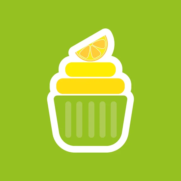 Tarjeta con un pastel de crema en capas con una rebanada de limón amarillo sobre un fondo verde, en estilo de contorno. Imagen vectorial digital . — Vector de stock