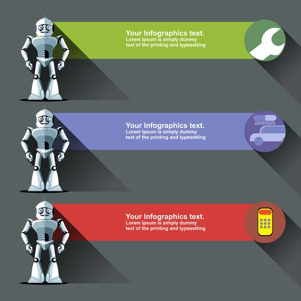 3 실버 도구, 자동차와 계산기 정보 그래픽을 제시 하는 인간 형 로봇. 디지털 배경 벡터 일러스트 레이 션. — 스톡 벡터