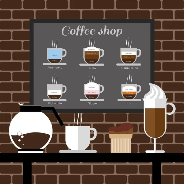 Un molino de café, un vaso, un pastel y un frasco sobre una mesa, con inscripción de cafetería, en contornos, sobre un fondo marrón con ladrillos, imagen vectorial digital — Vector de stock