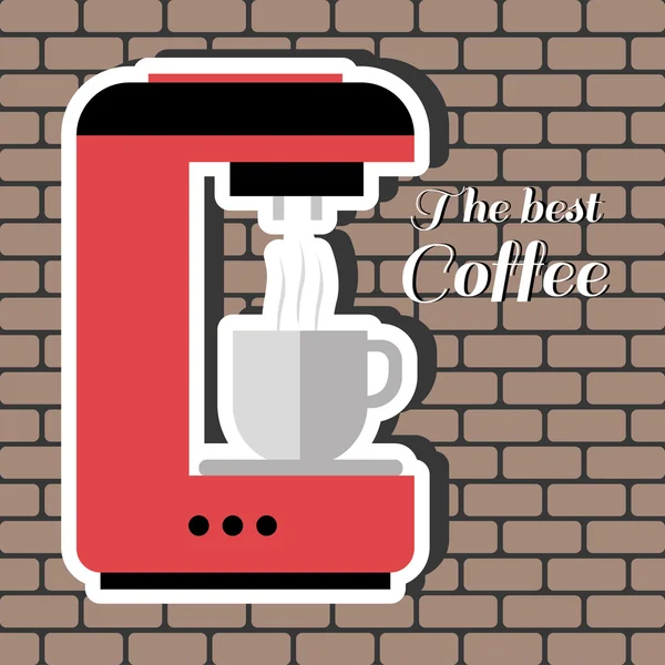 Una máquina de café rojo, con la mejor inscripción de café, en contornos, sobre un fondo marrón con ladrillos, imagen vectorial digital — Vector de stock