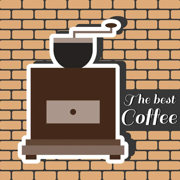 Un molino de café marrón, con la mejor inscripción de café, en contornos, sobre un fondo marrón con ladrillos, imagen vectorial digital — Vector de stock