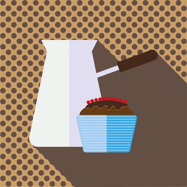 Банка кофе с коричневым шоколадным тортом с ягодами и тенью, в очертаниях, на коричневом фоне с точками, цифровое векторное изображение — стоковый вектор