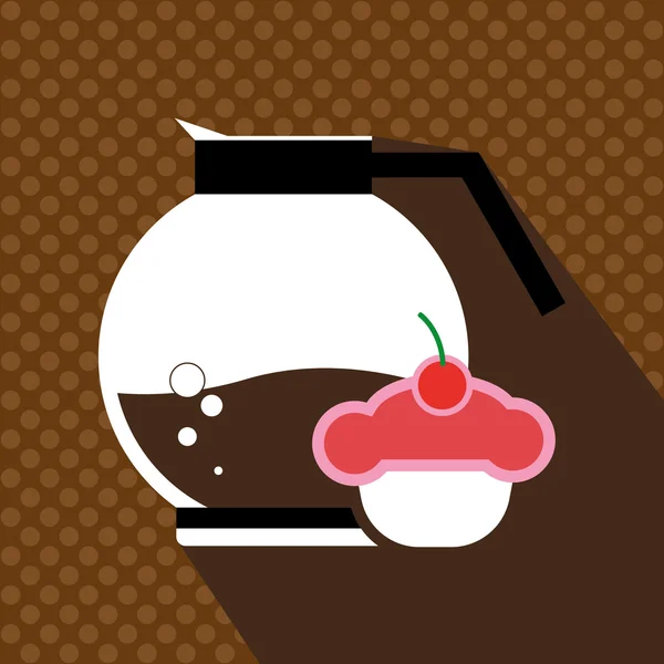En burk kaffe med en röd tårta med körsbär och skugga, i konturerna, över brun bakgrund med prickar, digital vektorbild — Stock vektor