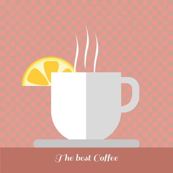Una taza de café blanco con vapor y una rodaja de limón en la parte superior con la mejor inscripción de café, en contornos, sobre un fondo rojo con puntos, imagen vectorial digital — Vector de stock