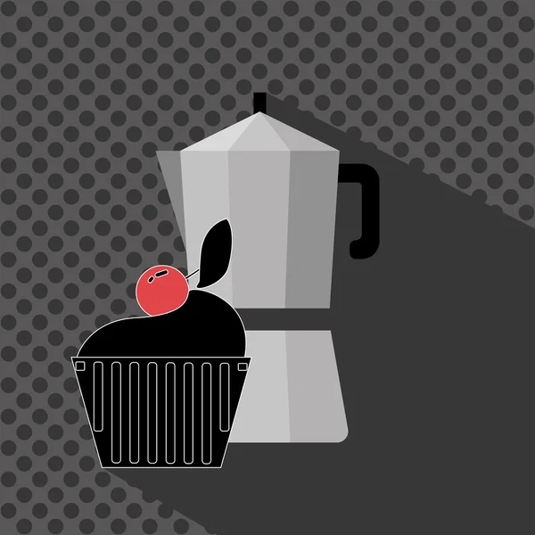 En metall burk kaffe med en svart kaka med rött körsbär ovanpå och skugga, i konturer, över en silver bakgrund med prickar, digital vektorbild — Stock vektor