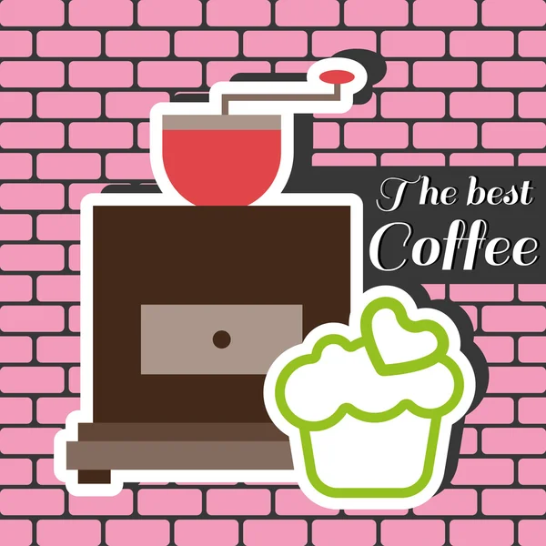 Un molino de café con un pastel verde con el corazón en la parte superior y la mejor inscripción de la cafetería, en contornos, sobre un fondo rosa con ladrillos, imagen vectorial digital — Vector de stock