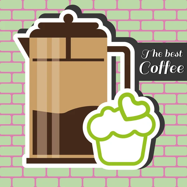 Un frasco marrón de café con un pastel verde con el corazón en la parte superior y la mejor inscripción de café, en contornos, sobre un fondo rosa y verde con ladrillos, imagen vectorial digital — Vector de stock